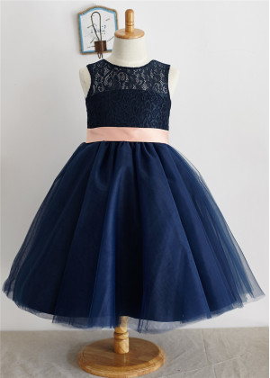 Navy Blue Lace Tulle Keyhole Back Knee Length Flower Girl Dress